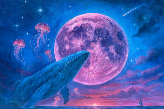 Whale, jellyfish, and pink moon in a cosmic sea scene